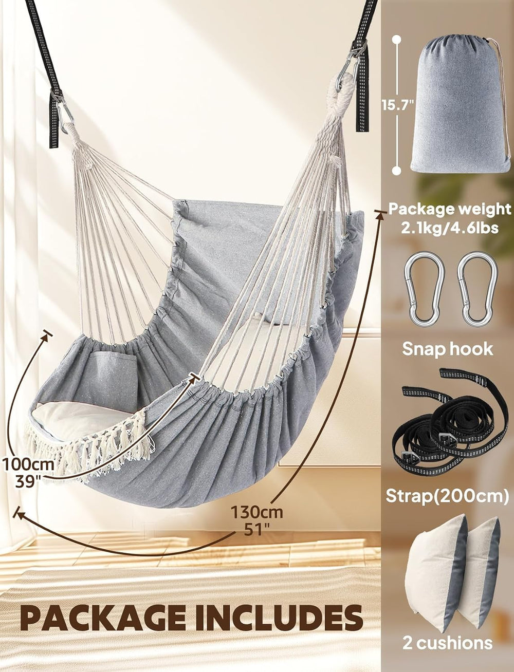 Chihee Hammock Chair with Strong Webbing Straps Hooks Suspension 2 Cushions