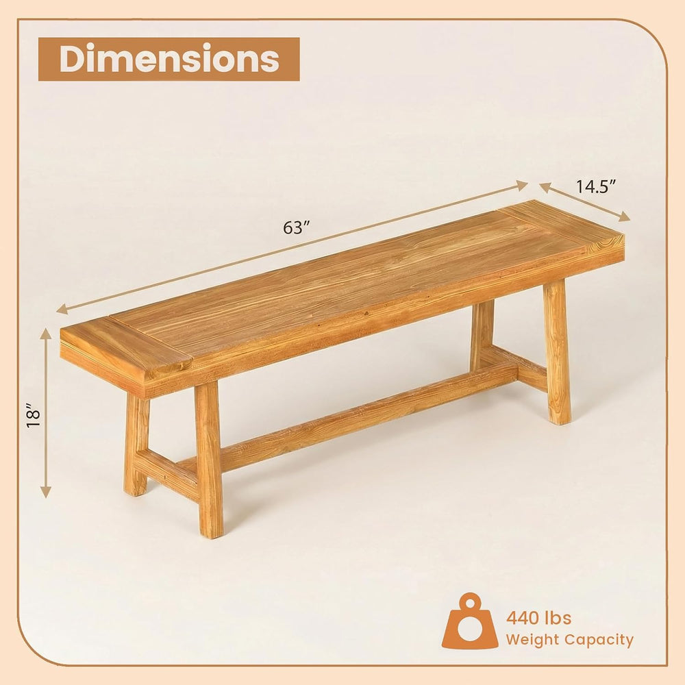Tangkula 63-Inch Teak Wood Outdoor Bench Backless, Farmhouse Long Patio Dinin...