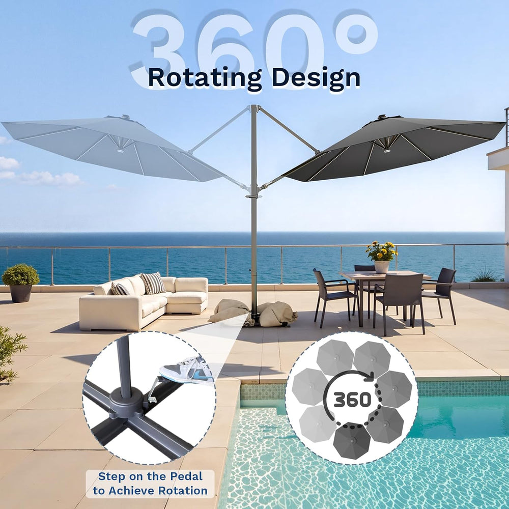 Devoko 10ft Solar LED Patio Umbrella, Round Cantilever Outdoor Umbrella with ...