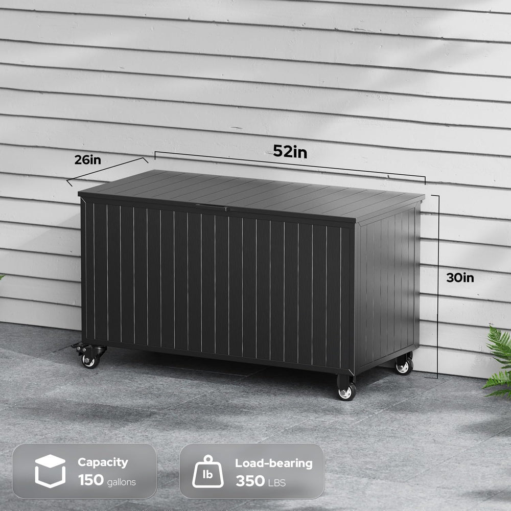 150 Gallon Outdoor Storage Box with Wheels, Metal Deck Boxes,Black