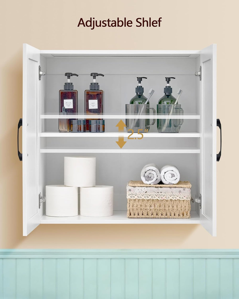Wall Mounted Cabinet, Laundry Cabinet, 2 Doors, Adjustable Shelves, White