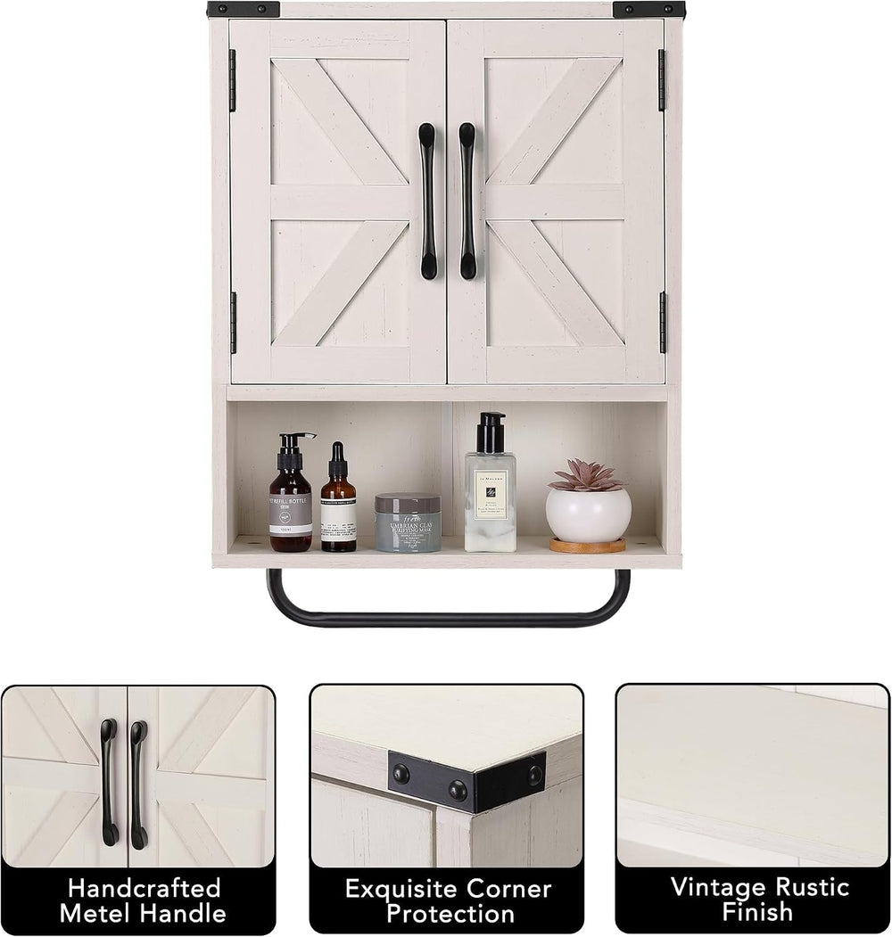 RUSTOWN Farmhouse Wall Storage Cabinet with 2 Barn Door & Towel Rack