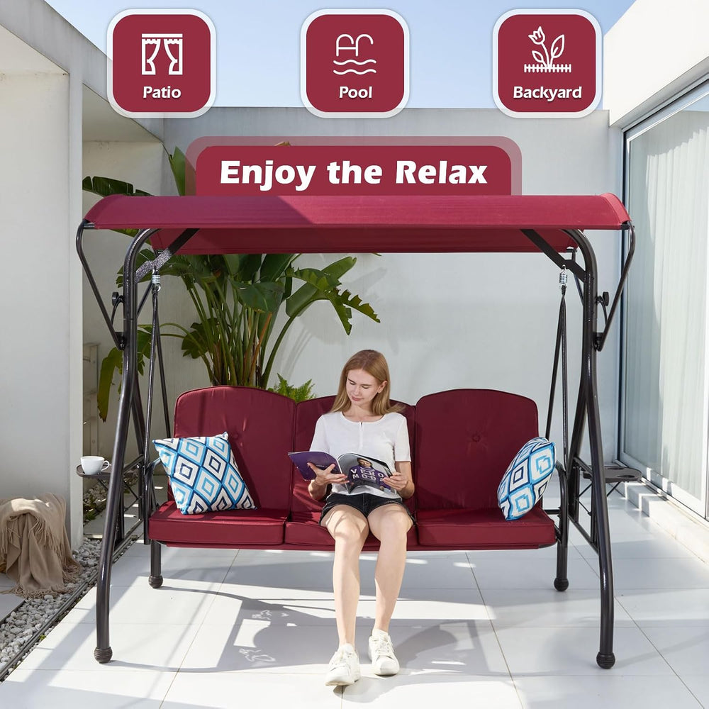 ZZW 800LBS Patio Swing with Canopy 3 Seat Outdoor Porch Swing with Stand w/Cu...