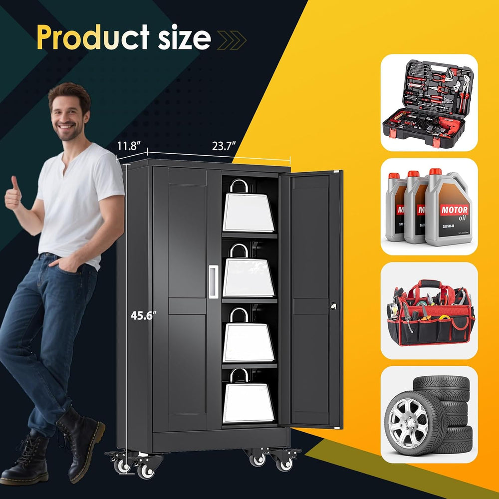 PAOFIN Metal Garage Storage Cabinet with Wheels,Steel File Cabinets with 2 Do...