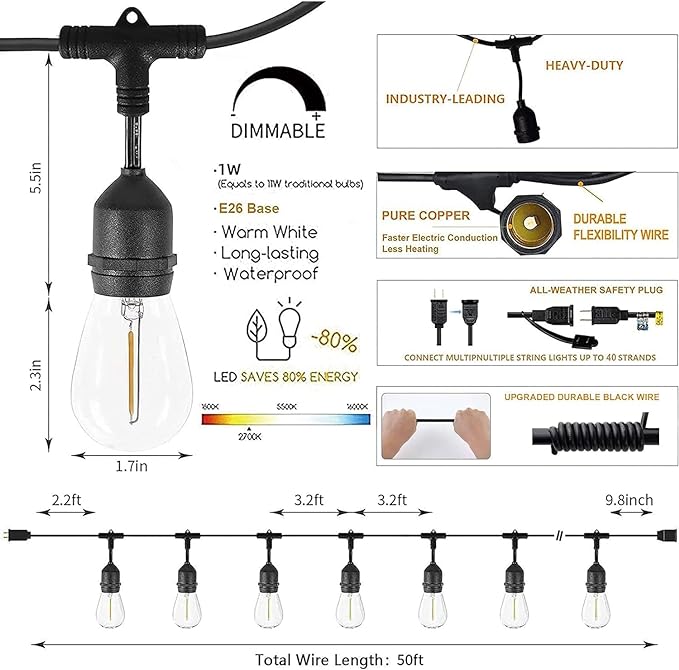 Svater Outdoor String Lights 150FT, E26 Socket, 48pcs S14 Shatterpoof Bulbs, ...