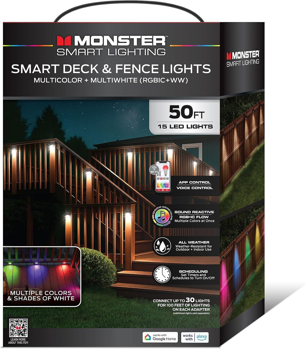 Monster Smart 50ft Deck & Fence Lights, WiFi Color Changing Outdoor LED S...
