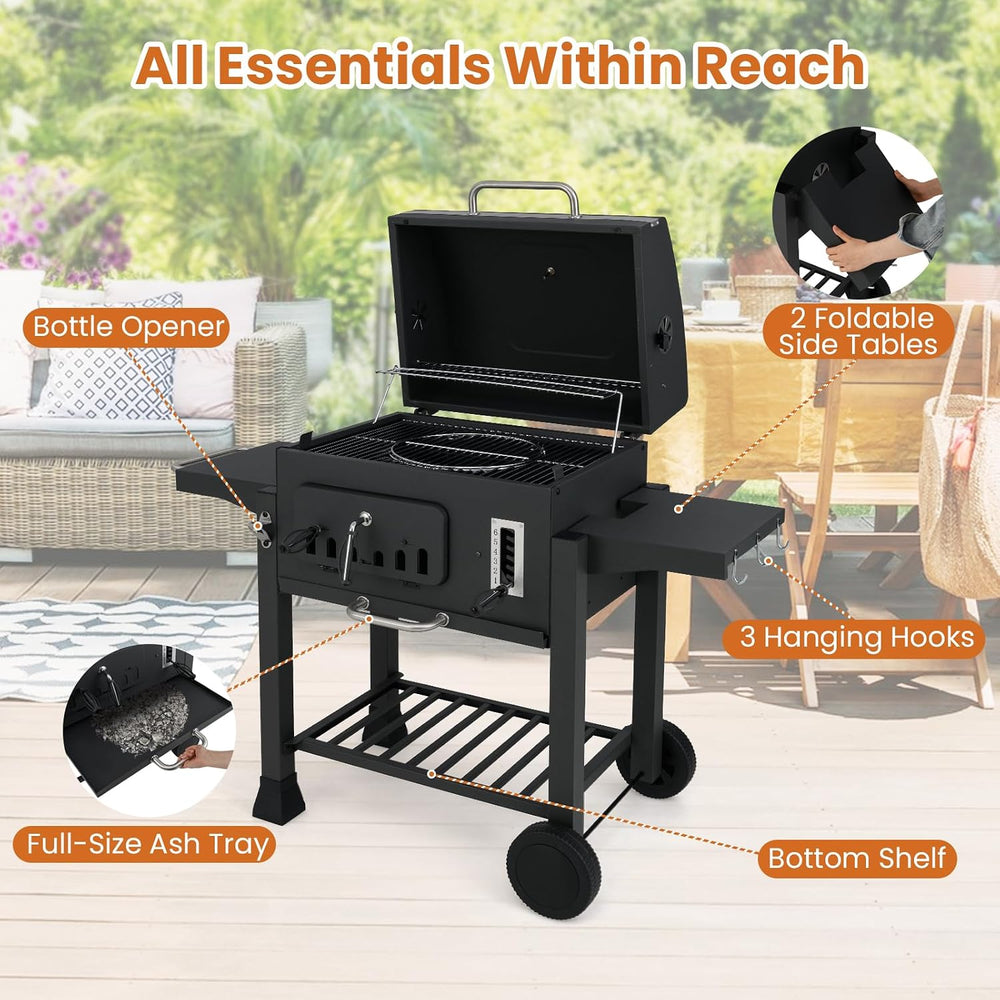 Happygrill Barrel Charcoal Grill with 2 Folding Side Tables & 2 Wheels
