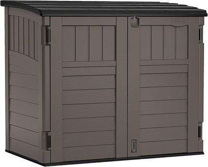 Suncast 34 Cu Ft Horizontal Resin Storage Shed - Outdoor Storage Shed with Floor Included, Lockable, Weatherproof, Fits Small to Medium Trash Cans, Generators, & Garden Tools, Stoney Black