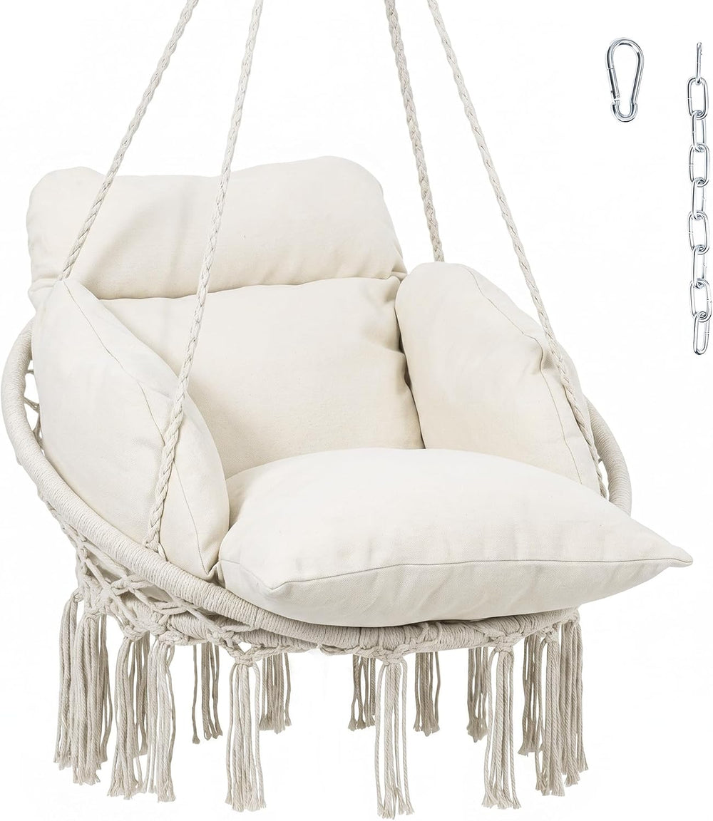Outsunny Hammock Swing Chair w/ Large Cushion Cotton Rope Chain Cream White