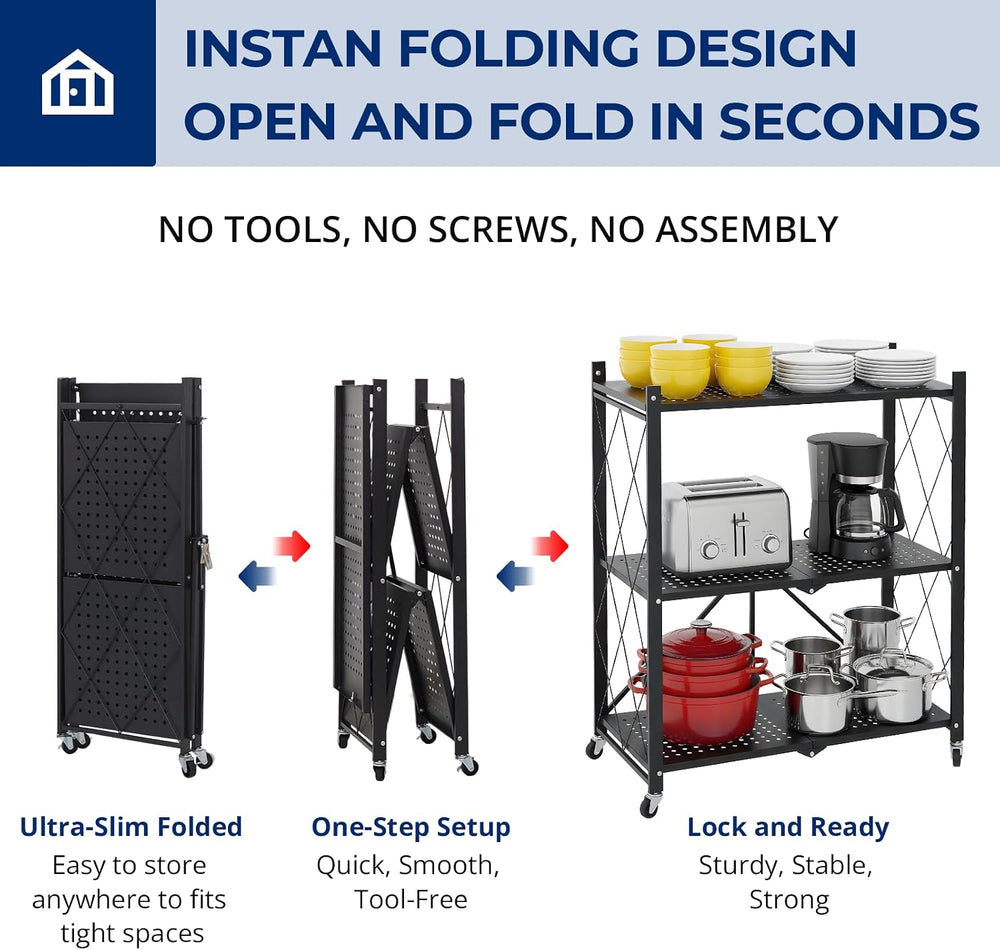 3 Tier Foldable Storage Shelves with Wheels, Metal Collapsible Organization S...