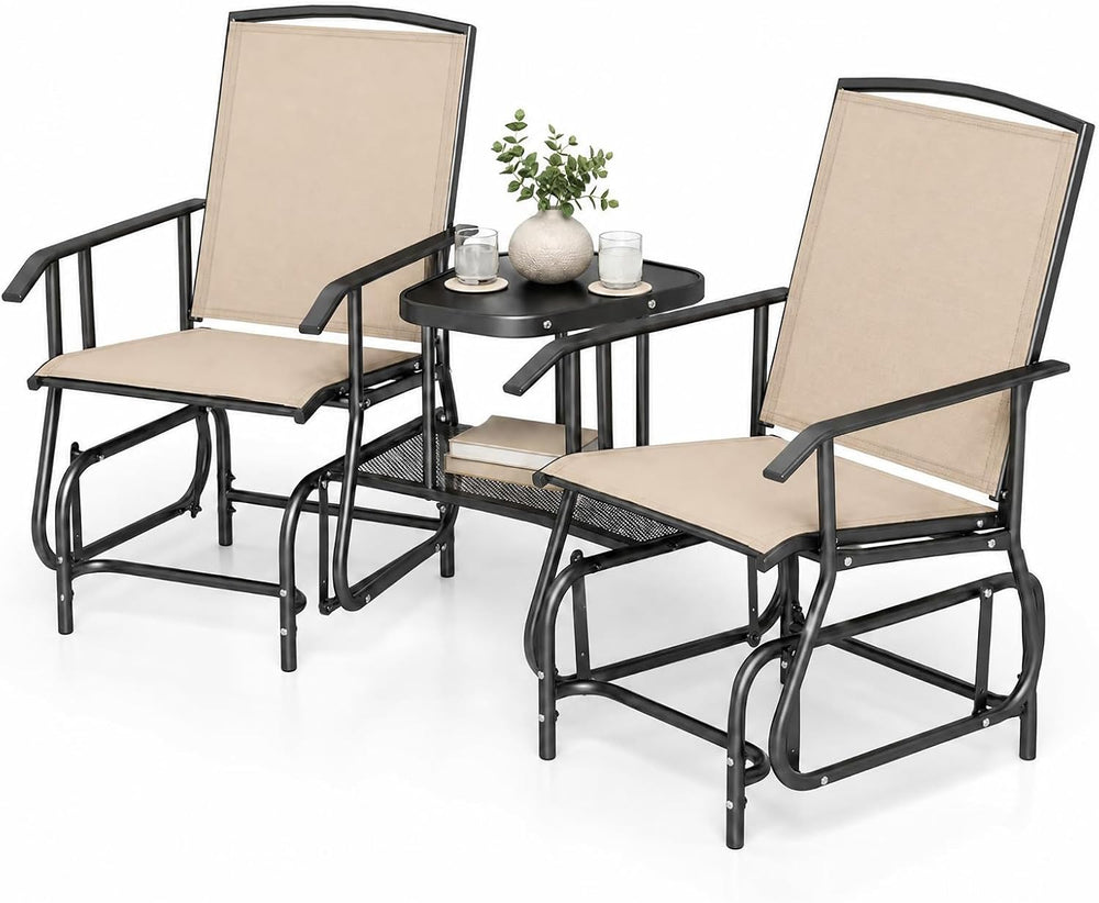 GIANTEX Outdoor Glider Chairs with 2-Tier Center Table, 2-Person Loveseat