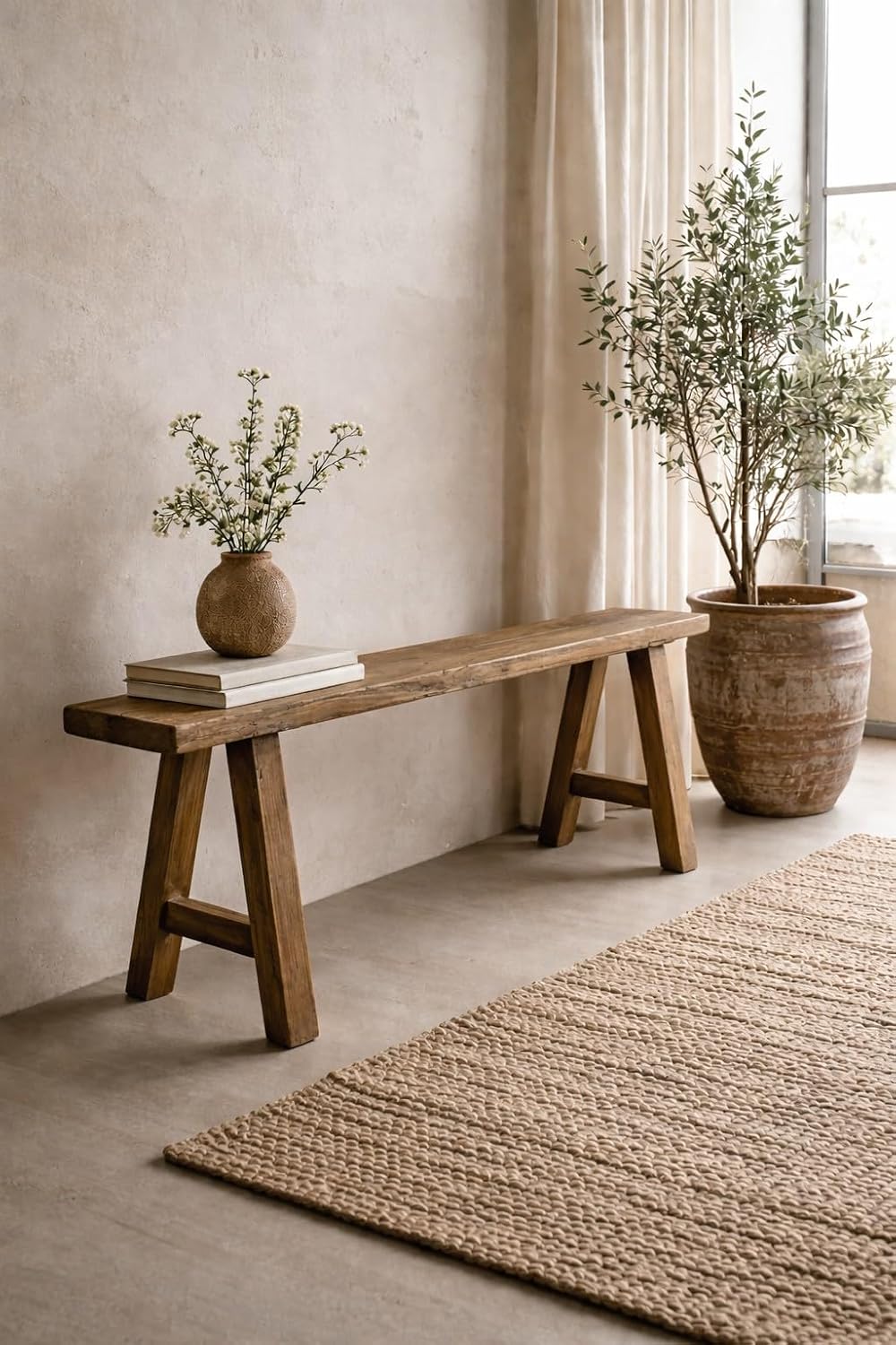 Artissance Rustic Natural Wood Noodle Bench, Long Wooden Entryway Bench, Weat...