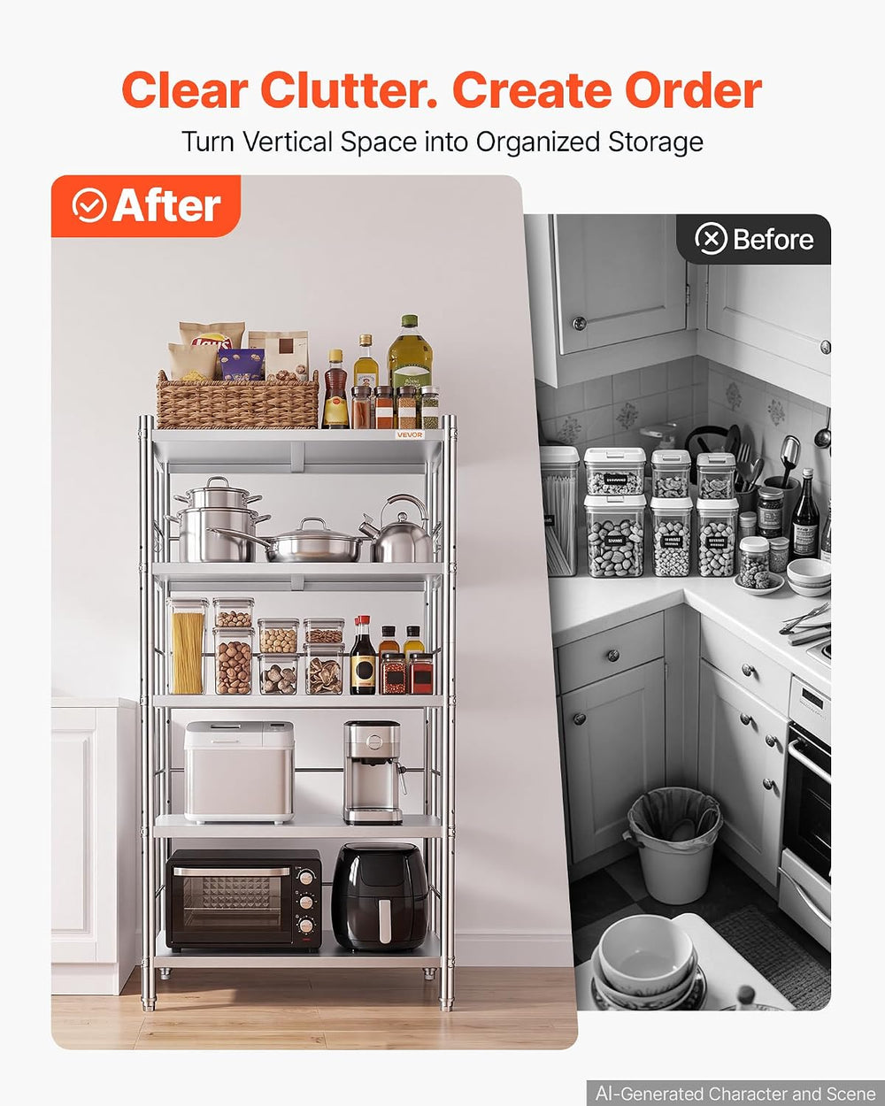 VEVOR Stainless Steel Shelving 5-Tier 31.5 x 15.8 x 70.9 in Storage Rack