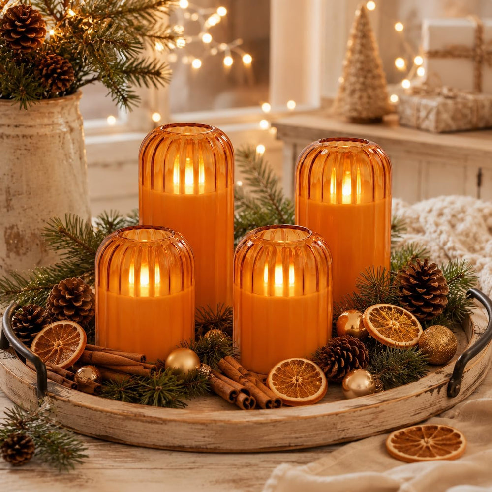 Fall Decorations for Home, Orange Glass Flameless Candles with Remote & T...