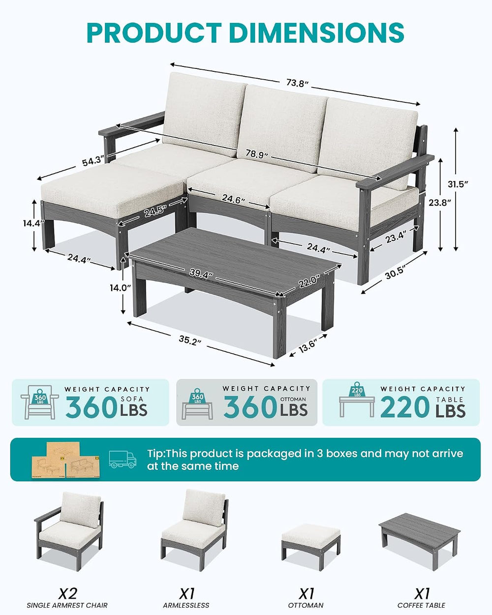 SERWALL 5 Piece Patio Sofas, Outdoor Sectional Sofa with Coffee Table, Grey