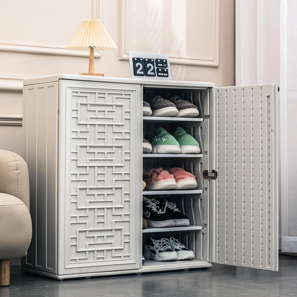 Mrosaa Indoor Outdoor Storage Cabinet Waterproof with Shelf, Off White Plasti...