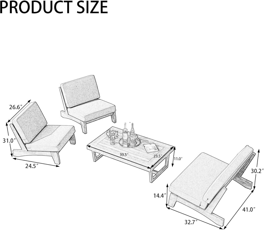 4 Piece Outdoor Patio Furniture Sets, Solid Wood Frame, Beige