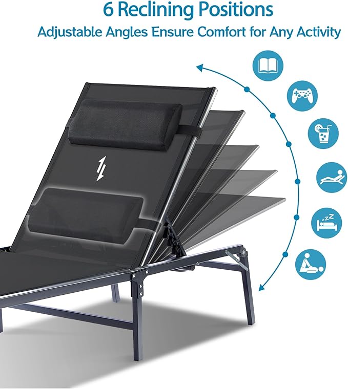 2 Pack Foldable Chaise Lounge Chair with Cup Holder, Assemble-Free Outdoor Lo...
