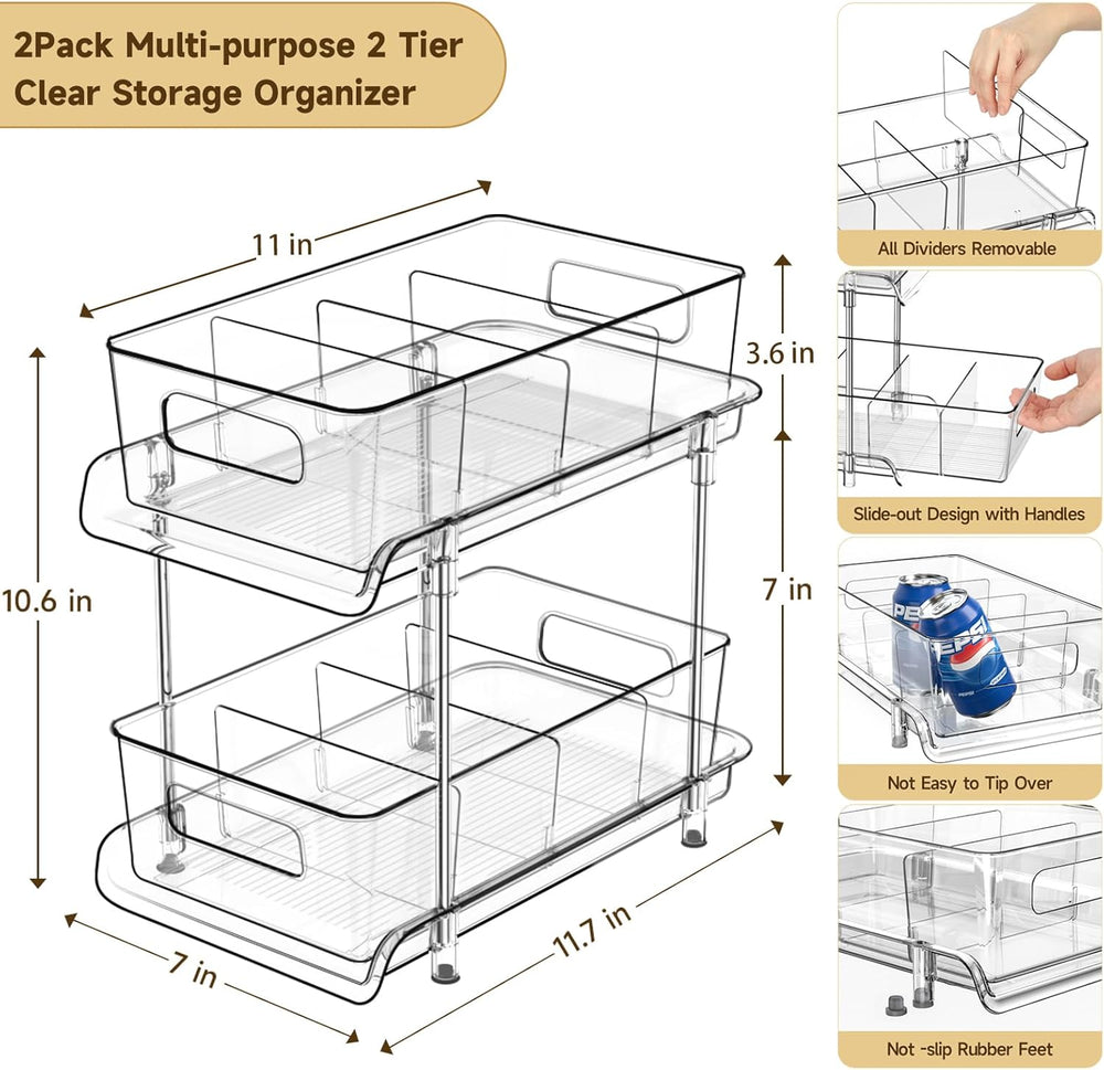 2-Tier Bathroom Organizer with Dividers, Clear Under Sink and Pull-Out Cabine...