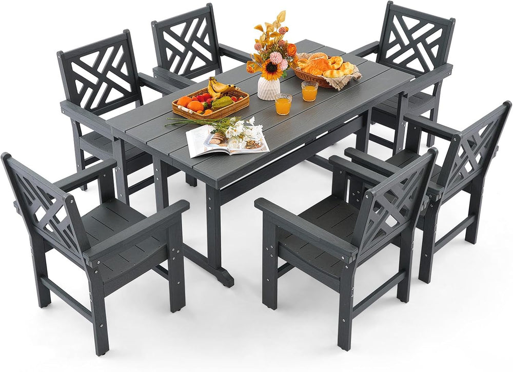 7 Piece HDPE Outdoor Dining Set for 6 Patio Dining Furniture Set with Umberll...