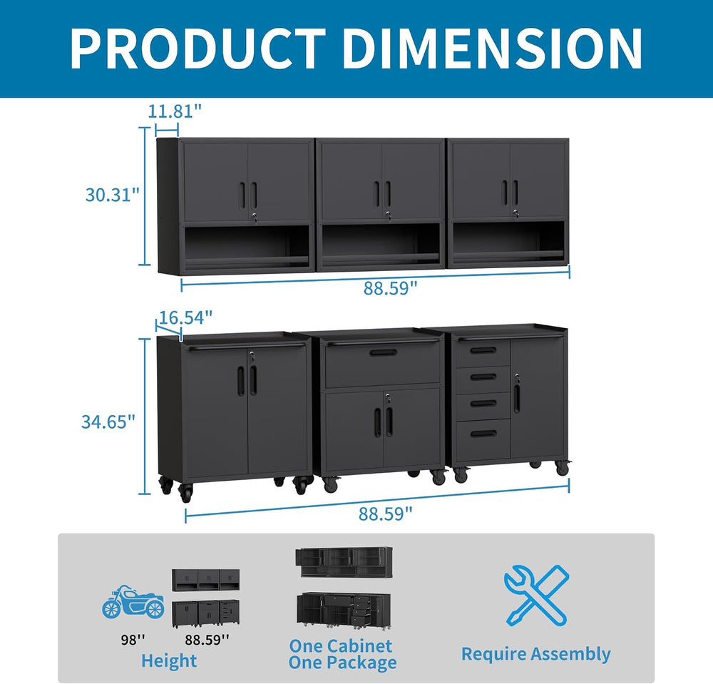 Black Garage Storage Cabinets System 6 PCS Workshop Set with Drawers Locking ...