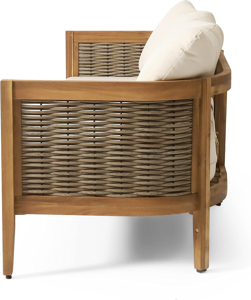 Merax 76.5" Outdoor Acacia Wood Wicker 3 Seater Sofa, Patio Furniture Co...