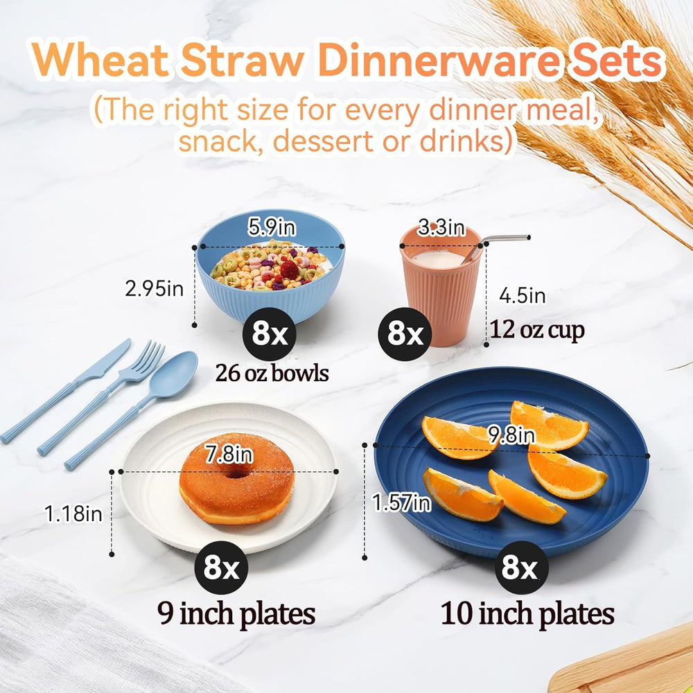 Wheat Straw Dinnerware Sets,64-Piece Black Plates and Bowls Sets for 8-Unbrea...