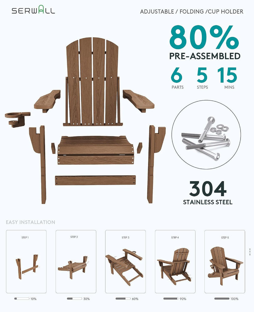 SERWALL 5-Piece HDPE Adirondack Chair and Ottoman and Table Set, Brown