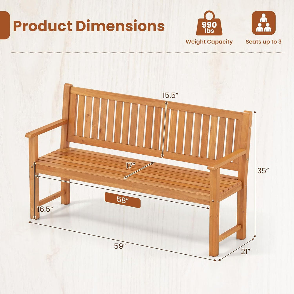 Tangkula 3-Seater Outdoor Wooden Bench, 59-Inch Large Garden Bench, Natural