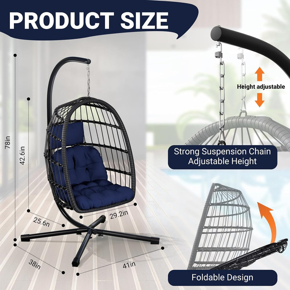 Hanging Egg Chair with Stand, Patio Rattan Wicker Swing Chair, Oversized Hamm...