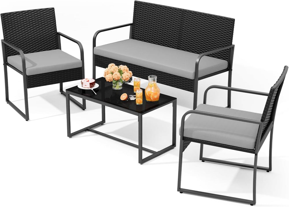Gizoon 4 Piece Patio Furniture Set, Cushion-Grey
