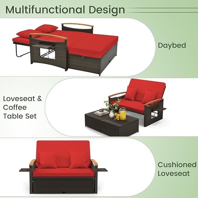 Tangkula Patio Rattan Daybed with 4-Level Adjustable Backrest, Outdoor Wicker...