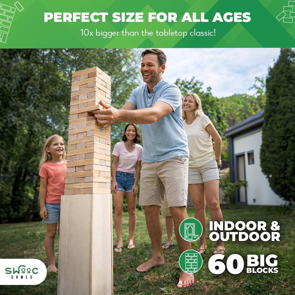 Swooc Games® - Giant Tower Game with 3-in-1 Straightener, Table & Storage...
