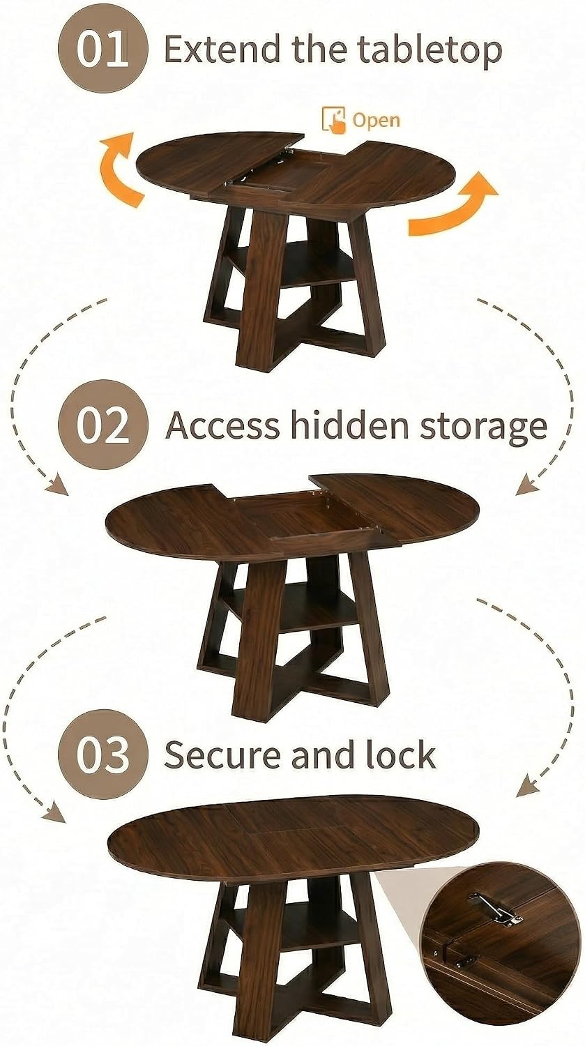 5-Piece Round Dining Table Set for 4, 43.3"-59" Extendable Round to...