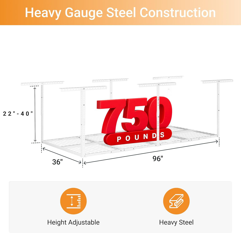 3x8ft Overhead Ceiling Garage Storage Rack, 750LBS Capacity, White