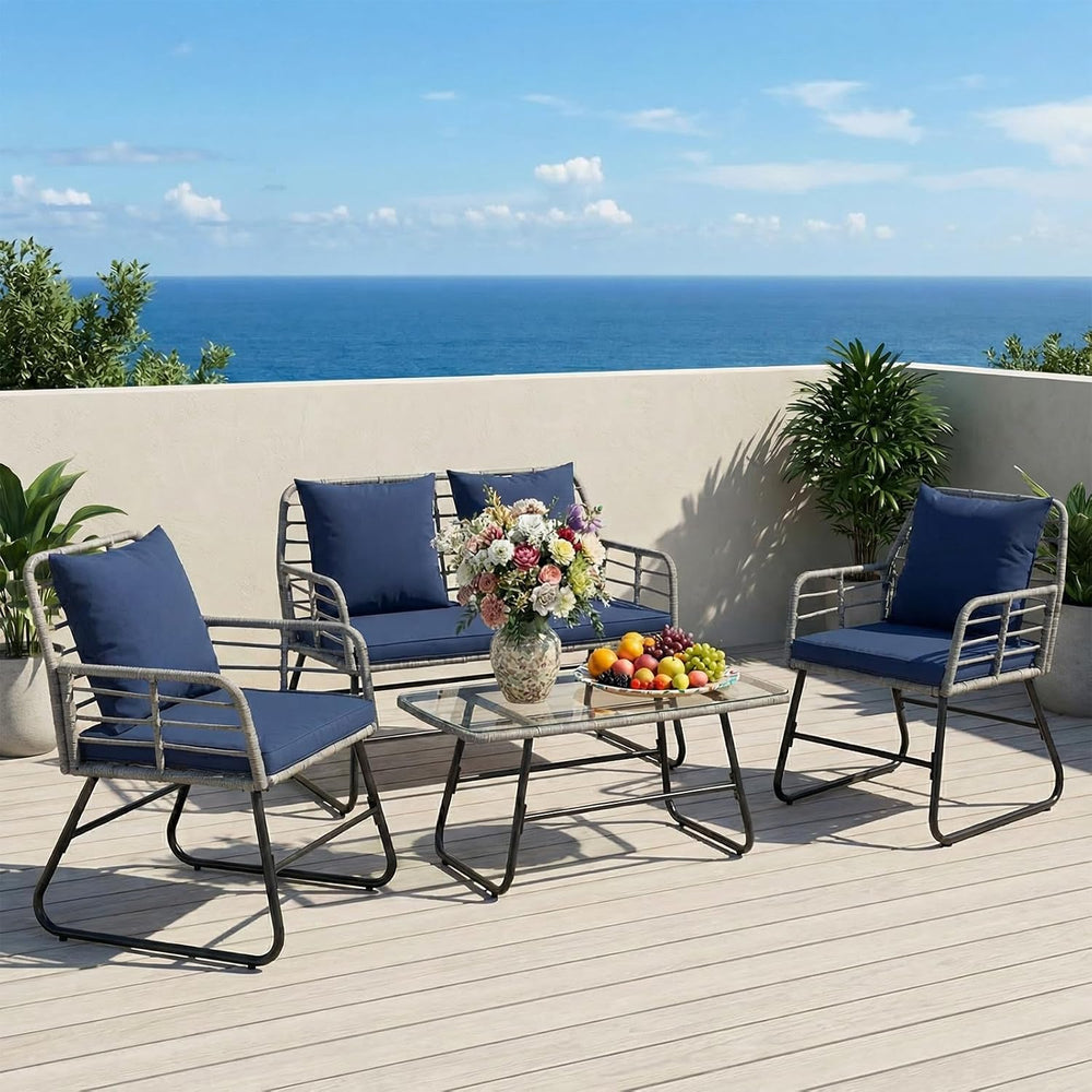 DUMOS Outdoor 4 Piece Outdoor Patio Furniture Set, Wicker Patio Set