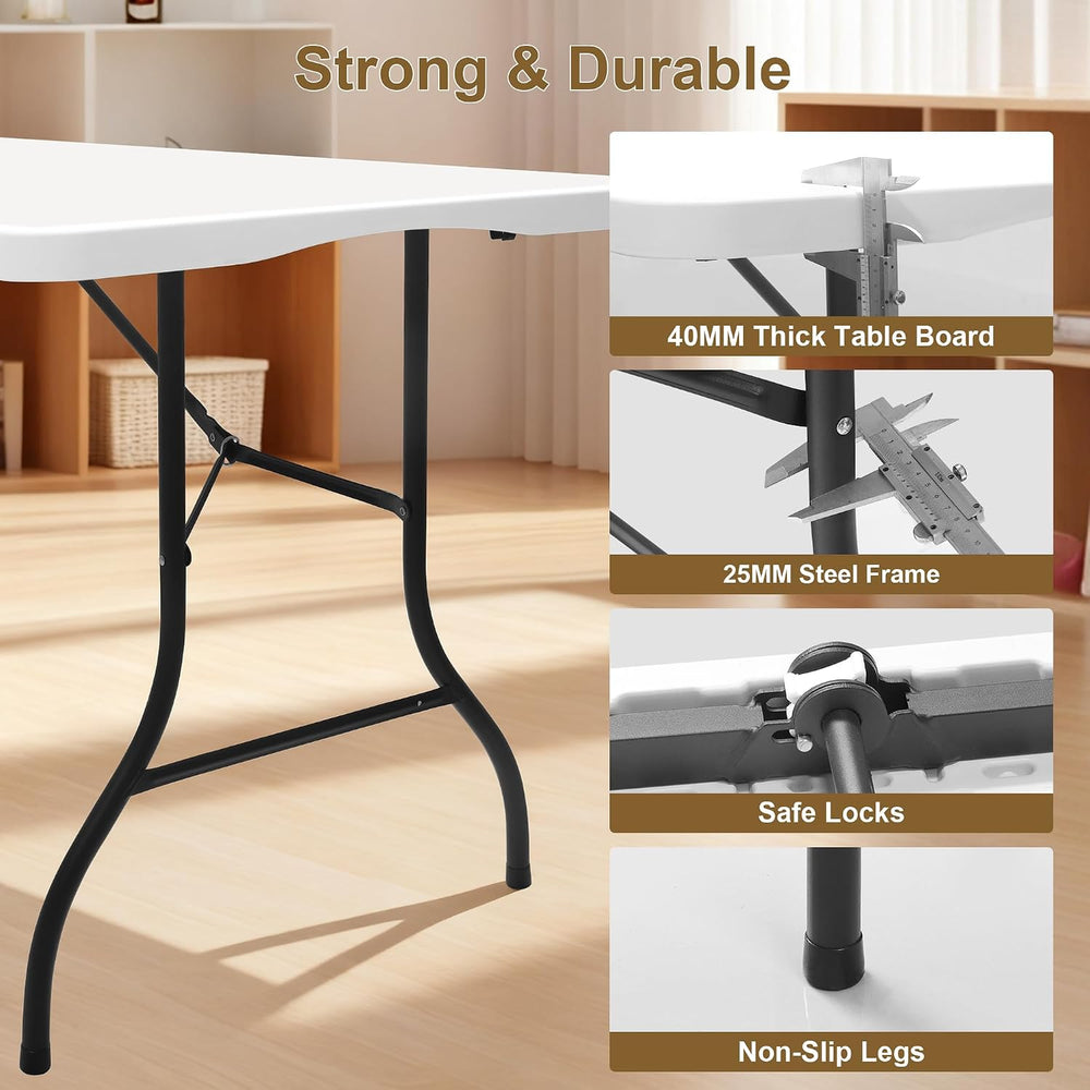 Heavy Duty 6ft Folding Table, Portable Fold-in-Half 6 Foot Foldable Table, Ta...