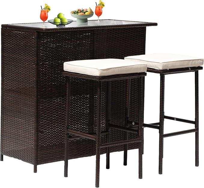 PayLessHere Rattan Bar Set 3Pcs Patio Wicker Bistro Set Sturdy Frame Bar Heig...