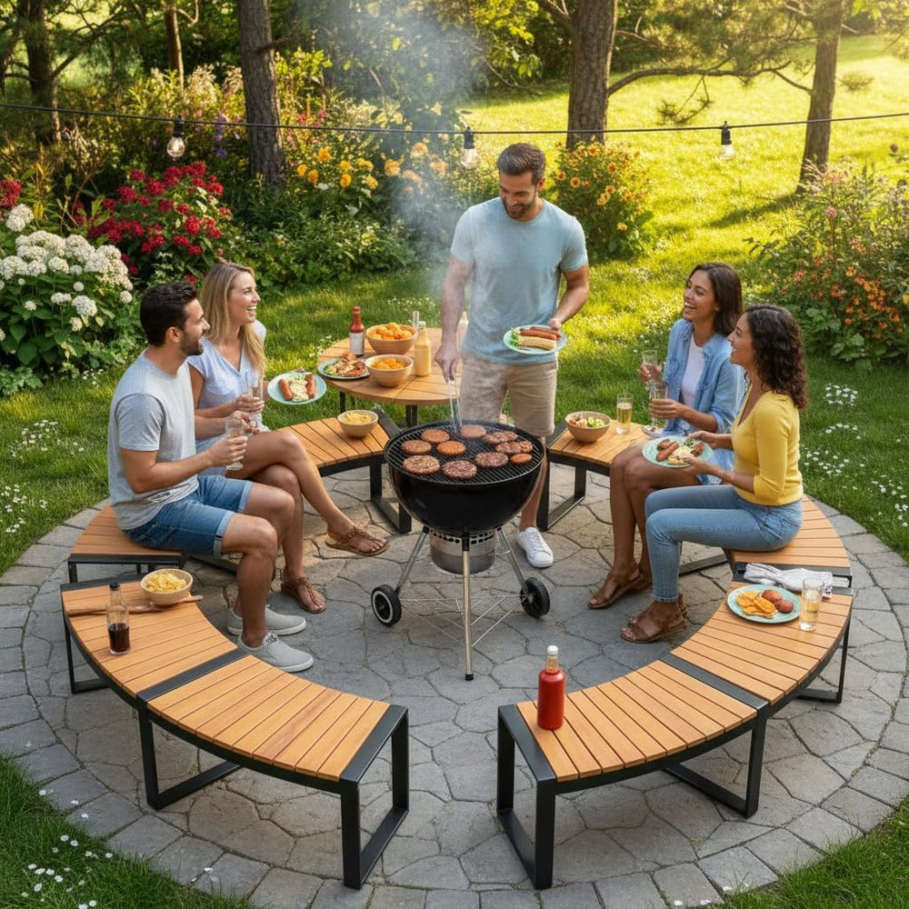 Tangkula Acacia Wood Metal Curved Bench, Fire Pit Patio Bench for 2, 1 Pack