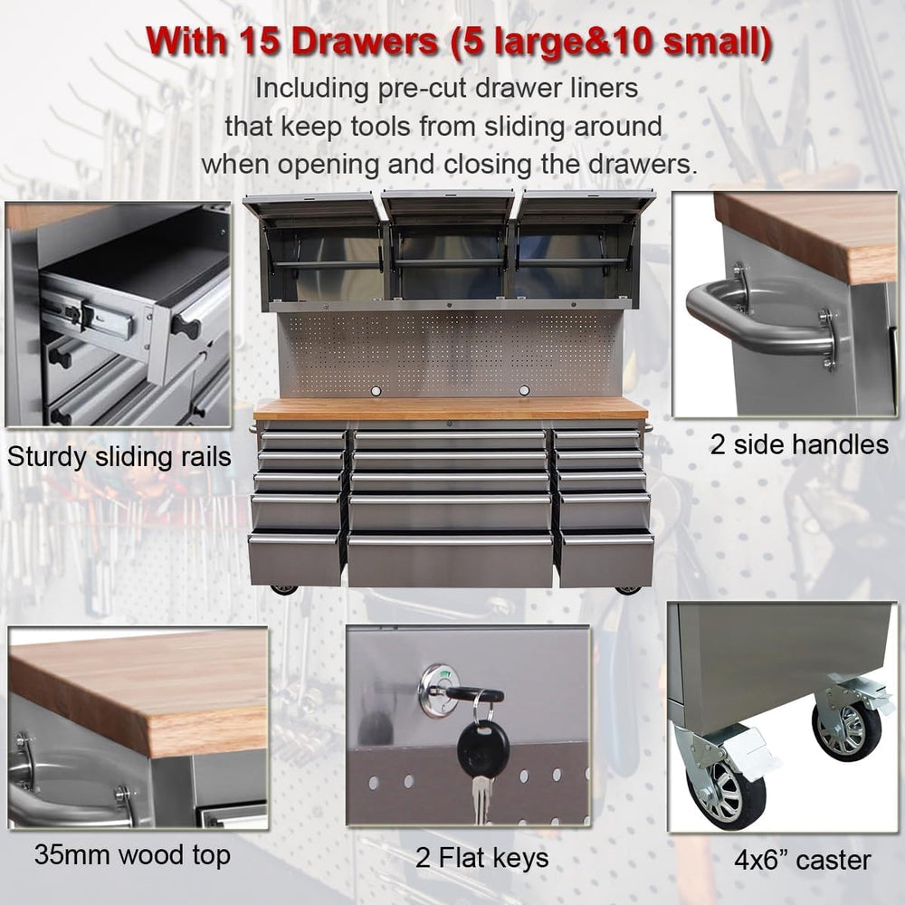 72 inch 15 Drawers Tool Chest with 3 Up Cabinet & Pegboard in Stainless S...