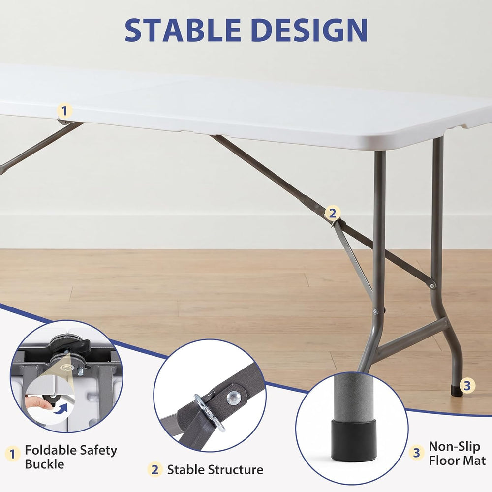 DUMOS 6 FT Folding Picnic Table with 6 Folding Chairs, Easy to Keep, White