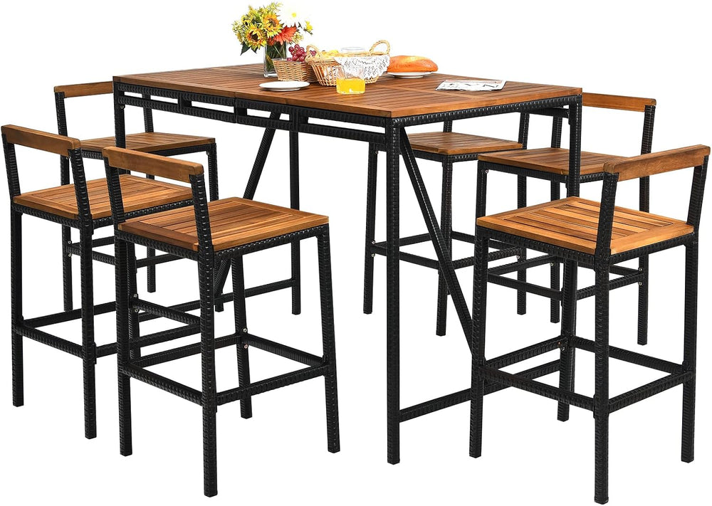 HAPPYGRILL 7 Piece Patio Bar Table Set with Umbrella Hole Acacia Wood High-Di...