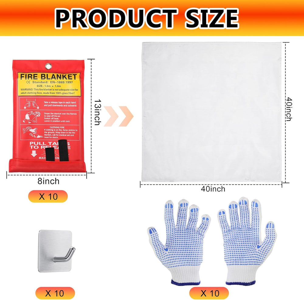 Macarrie 10 Pack Emergency Fire Blanket Bulk with Hooks and Gloves 40'...
