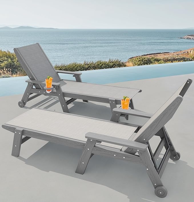 SERWALL Patio Chaise Lounge Chair, 5 Positions Outdoor Lounger for Pool, Text...