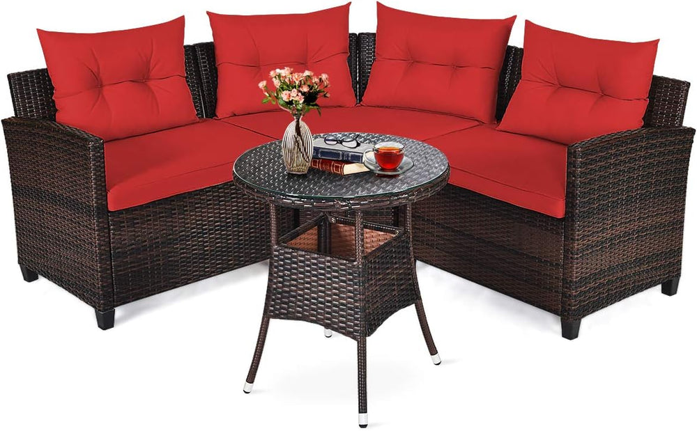 Tangkula 4-Piece C Shape Patio Furniture Set, Outdoor Corner Wicker Rattan Se...