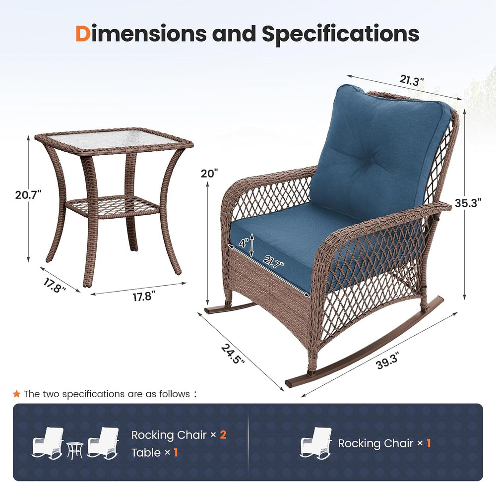 UDPATIO Rocking Chair Outdoor Set 2 w/Coffee Table, 3 Pc Wicker Bistro Set