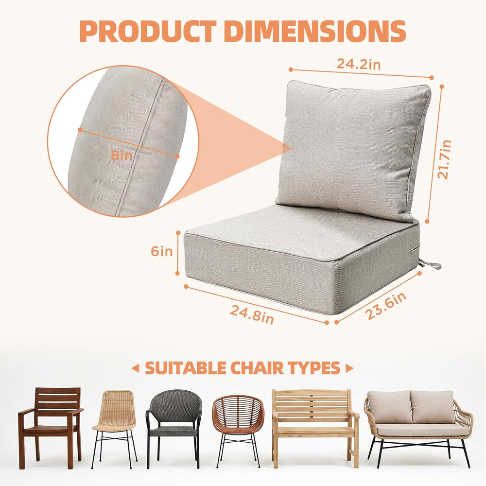 6 Inch Thick Outdoor Chair Cushions Set of 2, Waterproof, Beige