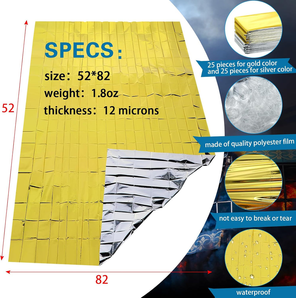 Macarrie 50 Pack Emergency Thermal Blankets Bulk, 51x82 in, Silver and Gold