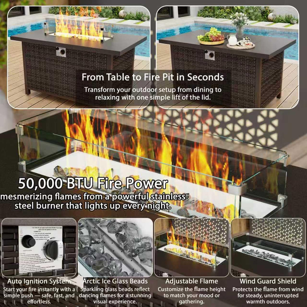 8 Piece Patio Sectional Sofa Set with 50000 BTU Fire Pit Table, All-Weather W...