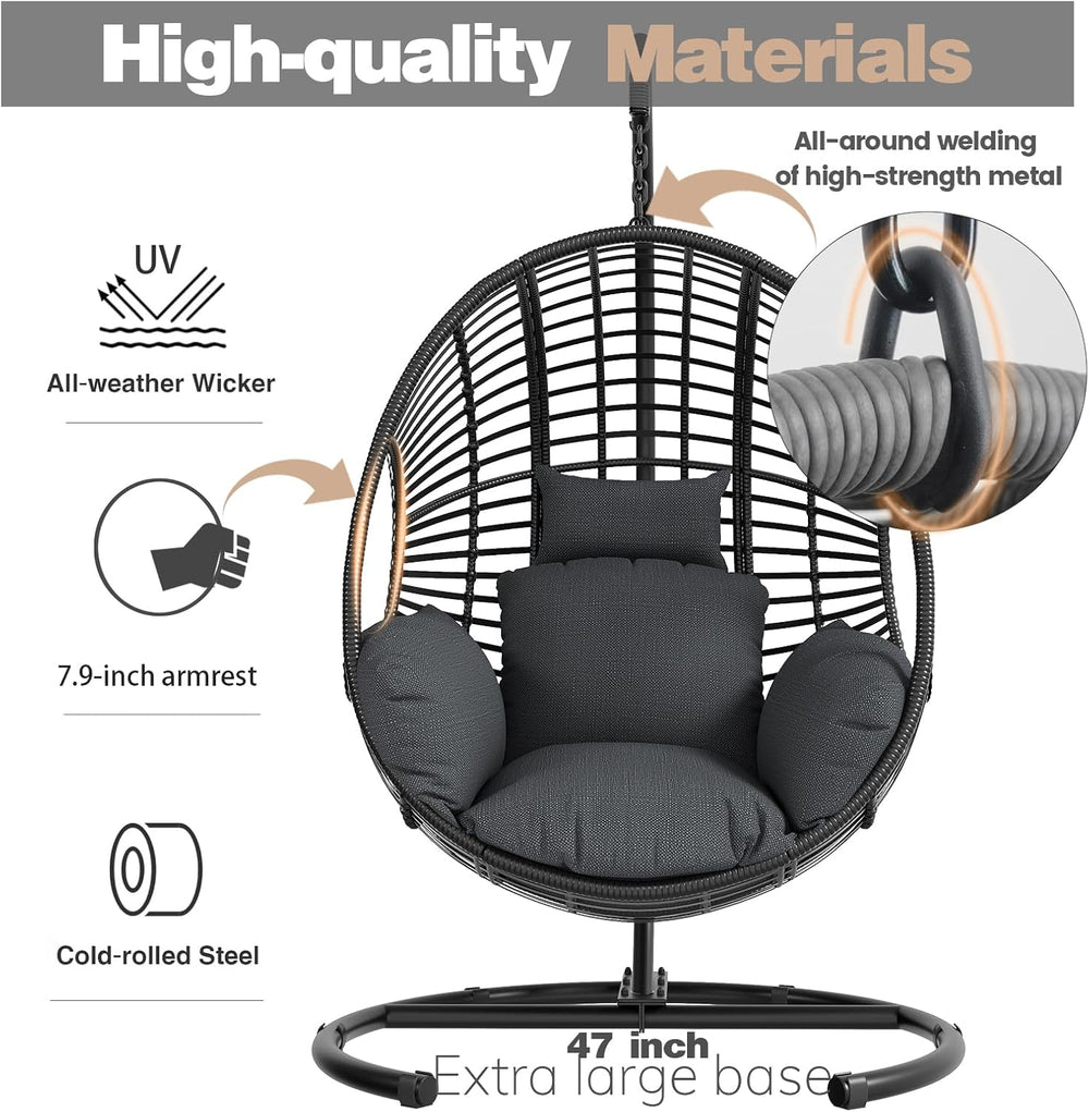 Oversized Hanging Egg Chair with Stand Outdoor Wicker Swing Chair Comfy Hammo...